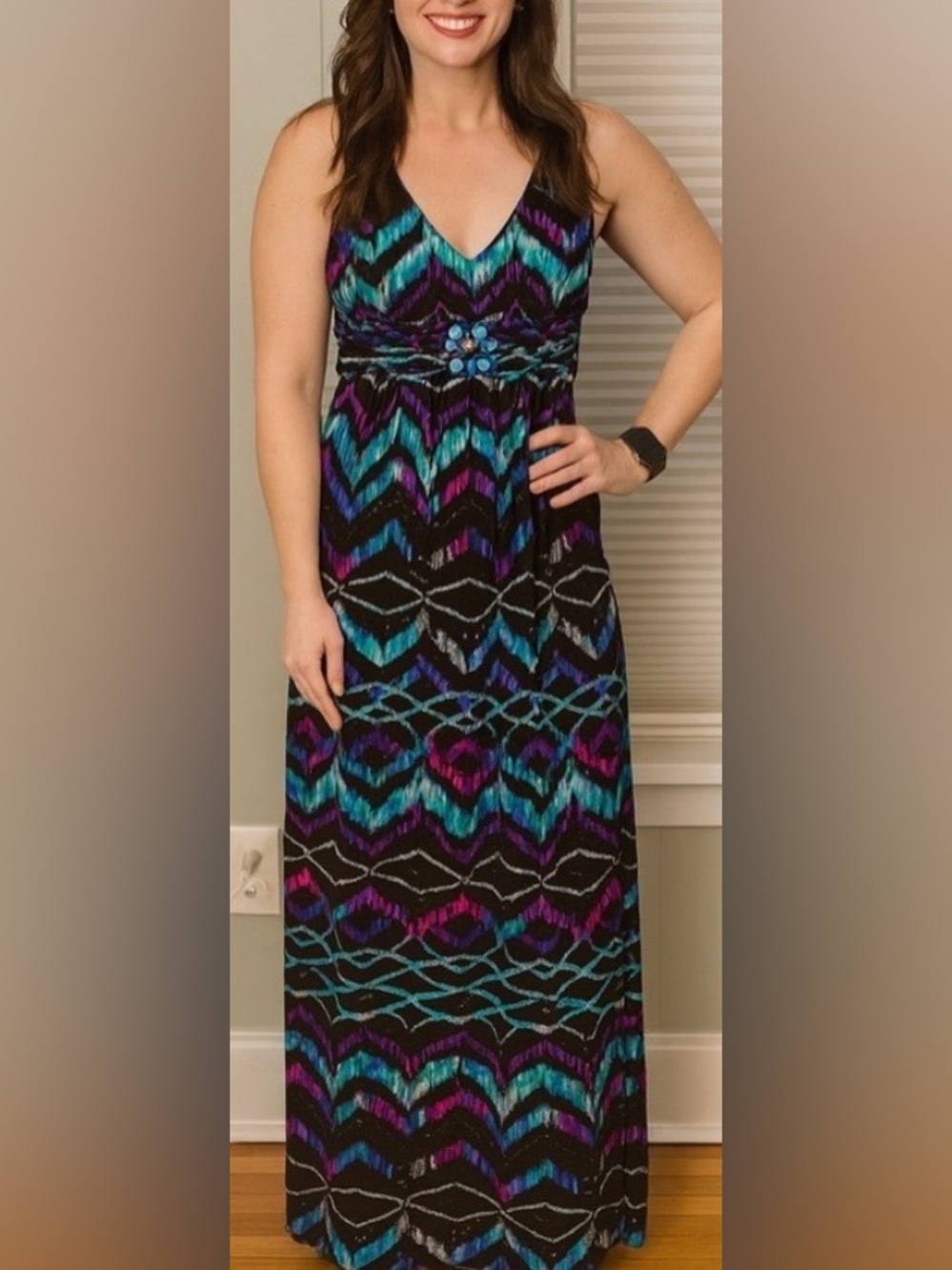 BISOU BISOU Maxi dress turquoise pink purple on black chevron print NEW size 12P